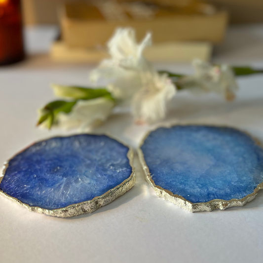 Crystal Agate Stone Silver Plated Coaster Set of 2 Table Coaster for Bar Beer Coffee Tea Drinking Coasters for Dining Table Hot Pots- Blue