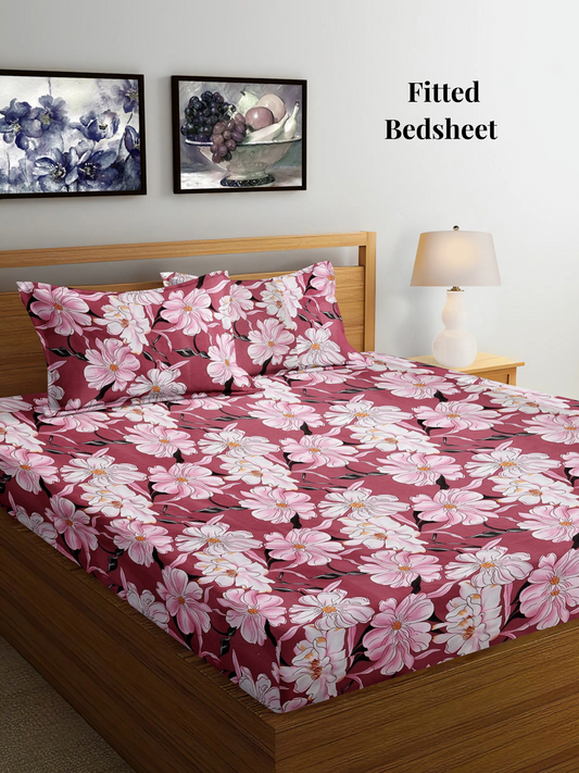 Pink Floral TC Cotton Blend Super King Size Fitted Bedsheet with 2 Pillow Covers