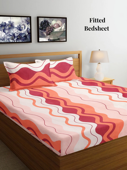 Pink Stripes TC Cotton Blend King Size Fitted Bedsheet with 2 Pillow Covers