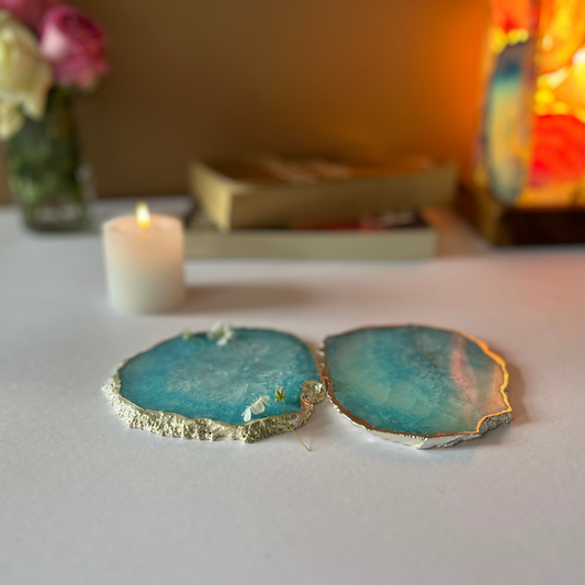 Crystal Agate Stone Silver Plated Coaster Set of 2 Table Coaster for Bar Beer Coffee Tea Drinking Coasters for Dining Table Hot Pots- Turquoise