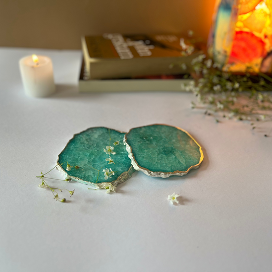 Crystal Agate Stone Silver Plated Coaster Set of 2 Table Coaster for Bar Beer Coffee Tea Drinking Coasters for Dining Table Hot Pots- Green