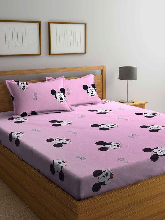 Pink Cartoon TC Cotton Blend Double Size Bedsheet with 2 Pillow Covers