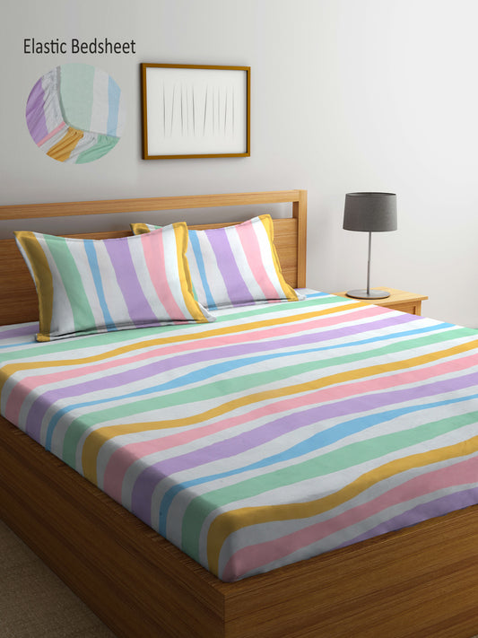 Multi Striped TC Cotton Blend King Size Fitted Bedsheet with 2 Pillow Covers