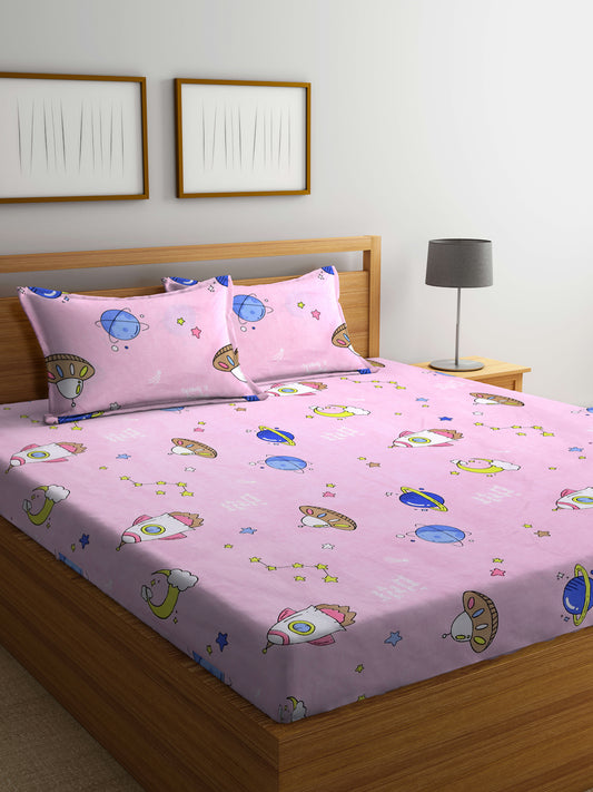 Pink Kid's Cartoon TC Cotton Blend King Size Bedsheet with 2 Pillow Covers