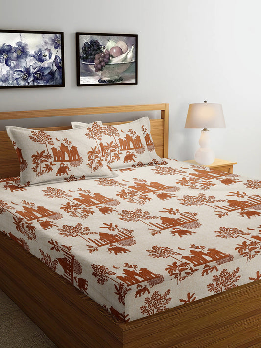 Multi Leaf TC Cotton Blend Super King Size Bedsheet with 2 Pillow Covers