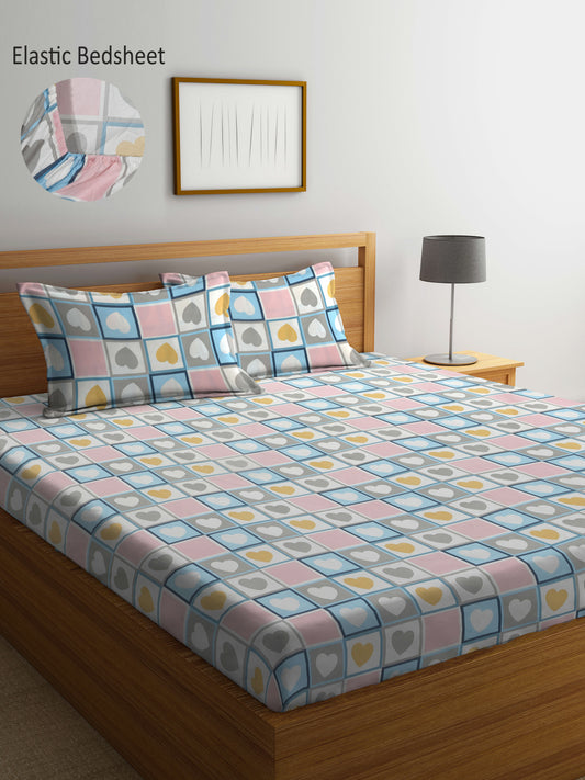 Multi Geometric TC Cotton Blend Super King Size Fitted Bedsheet with 2 Pillow Covers