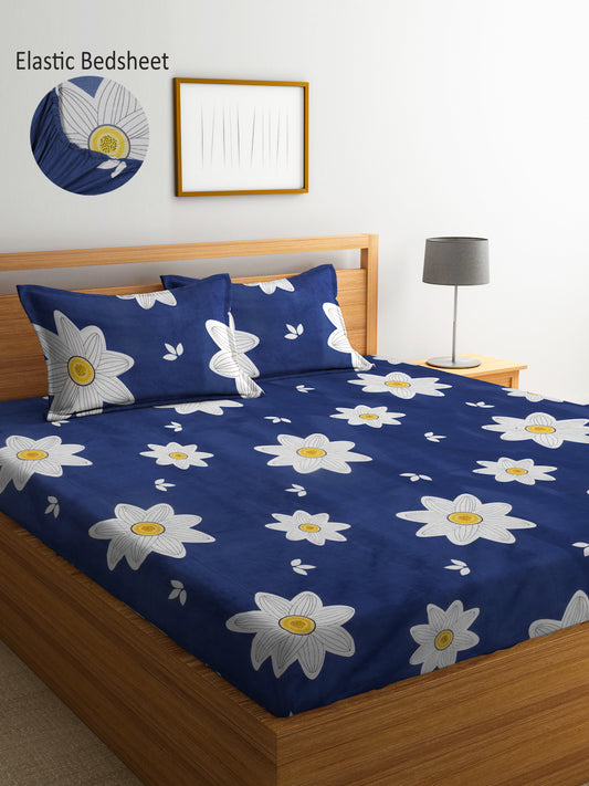Blue Floral TC Cotton Blend King Size Fitted Bedsheet with 2 Pillow Covers