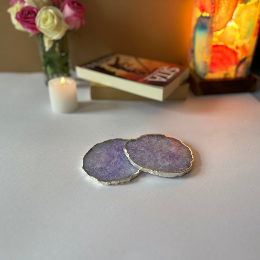 Crystal Agate Stone Silver Plated Coaster Set of 2 Table Coaster for Bar Beer Coffee Tea Drinking Coasters for Dining Table Hot Pots- Purple