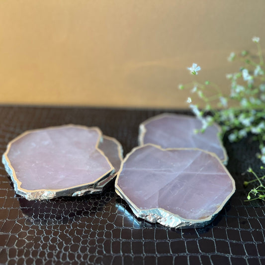 Rose Quartz Silver Plated Table Coaster for Bar Beer Coffee Tea Drinking Coasters for Dining Table Hot Pots Set of 4- Pink