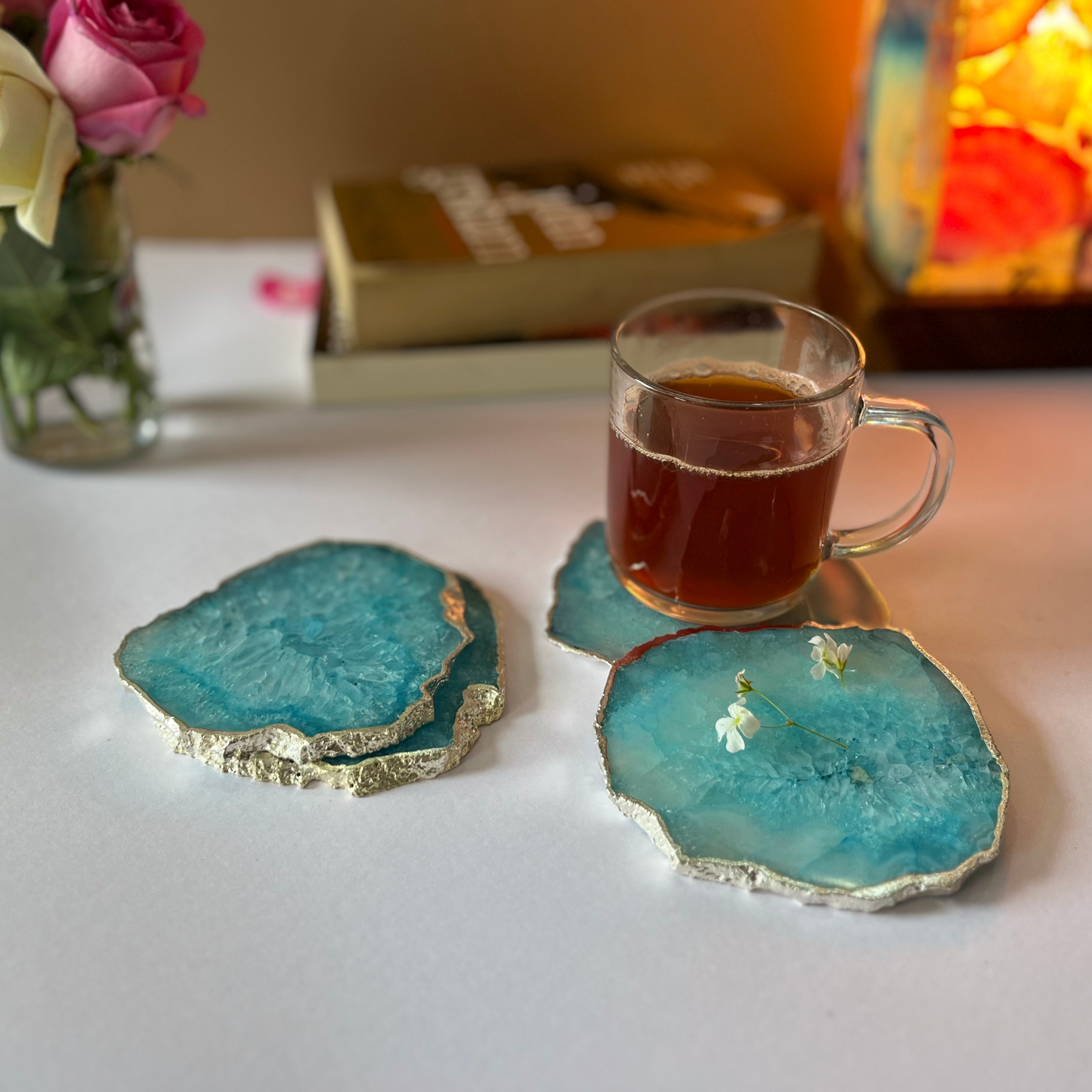 Crystal Agate Stone Silver Plated Coaster Set of 4 Table Coaster for Bar Beer Coffee Tea Drinking Coasters for Dining Table Hot Pots- Turquoise