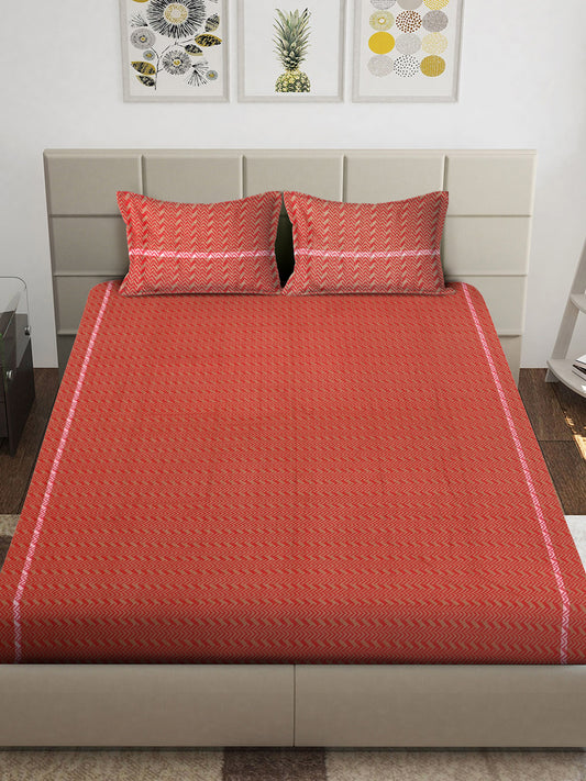 Red Geometric 100% Handwoven Cotton King Size Bedsheet with 2 Pillow Covers