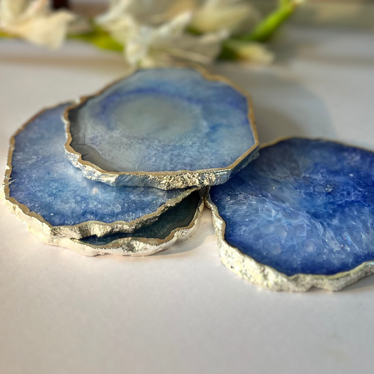 Crystal Agate Stone Silver Plated Coaster Set of 4 Table Coaster for Bar Beer Coffee Tea Drinking Coasters for Dining Table Hot Pots- Blue