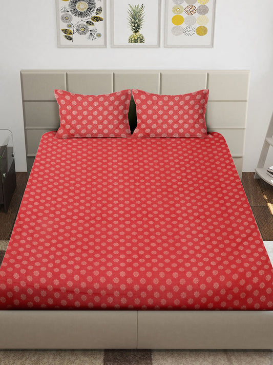 Red Floral 100% Handwoven Cotton Super King Size Bedsheet with 2 Pillow Covers