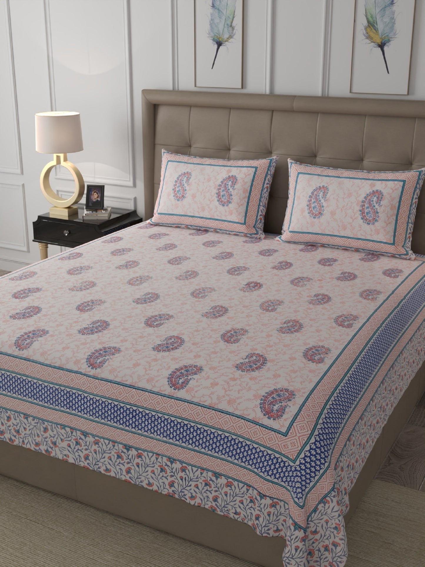 400 TC Exquisite Interiors Jaipuri Hand Block Print Super King Size Double Bedsheet Made up of 100% Cotton fabric with two pillow covers._32