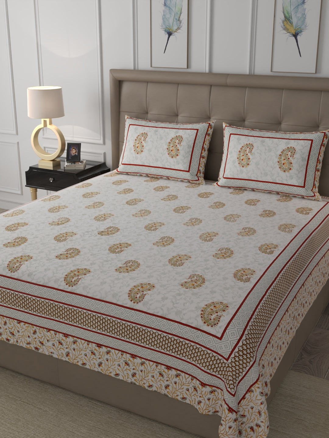 400 TC Exquisite Interiors Jaipuri Hand Block Print Super King Size Double Bedsheet Made up of 100% Cotton fabric with two pillow covers._33