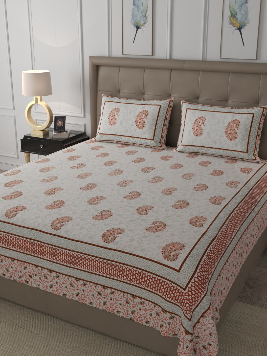 400 TC Exquisite Interiors Jaipuri Hand Block Print Super King Size Double Bedsheet Made up of 100% Cotton fabric with two pillow covers._34