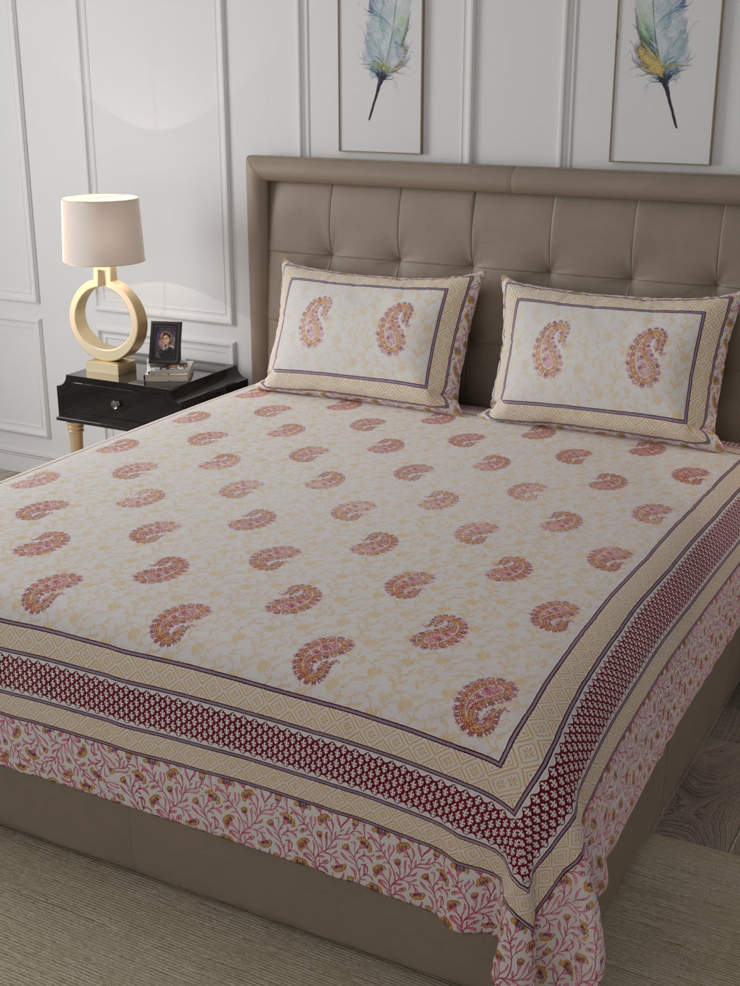 400 TC Exquisite Interiors Jaipuri Hand Block Print Super King Size Double Bedsheet Made up of 100% Cotton fabric with two pillow covers._35