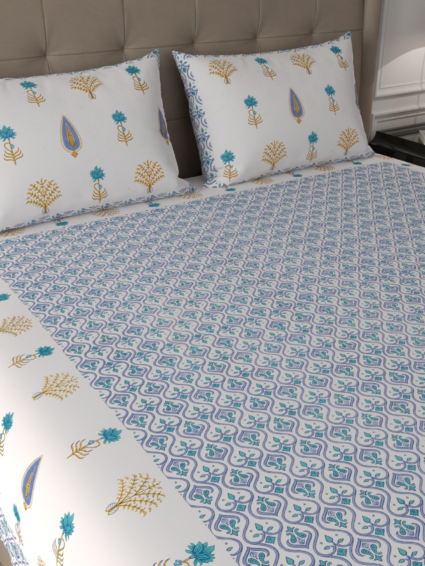 400 TC Exquisite Interiors Jaipuri Hand Block Print Super King Size Double Bedsheet Made up of 100% Cotton fabric with two pillow covers._36