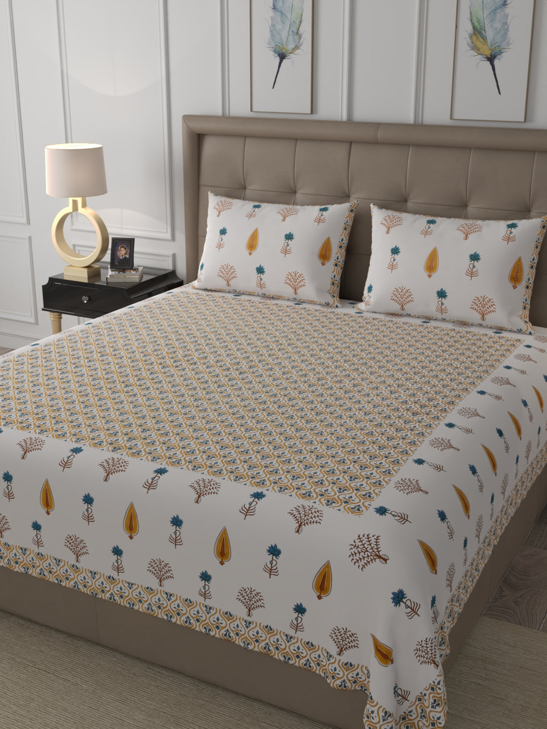 400 TC Exquisite Interiors Jaipuri Hand Block Print Super King Size Double Bedsheet Made up of 100% Cotton fabric with two pillow covers._37