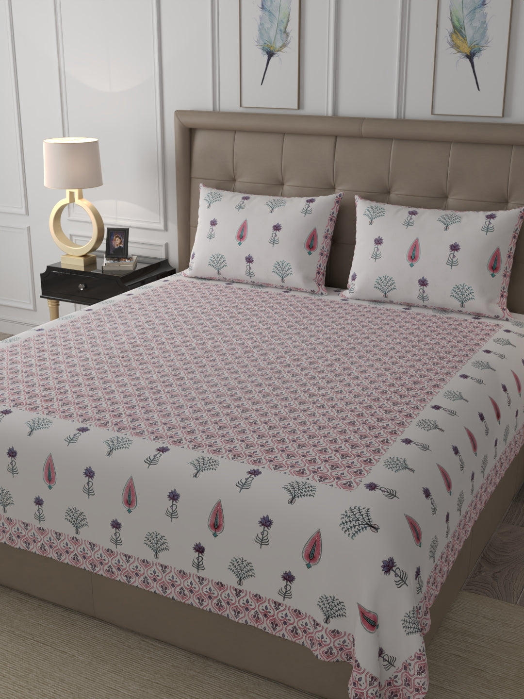 400 TC Exquisite Interiors Jaipuri Hand Block Print Super King Size Double Bedsheet Made up of 100% Cotton fabric with two pillow covers._38
