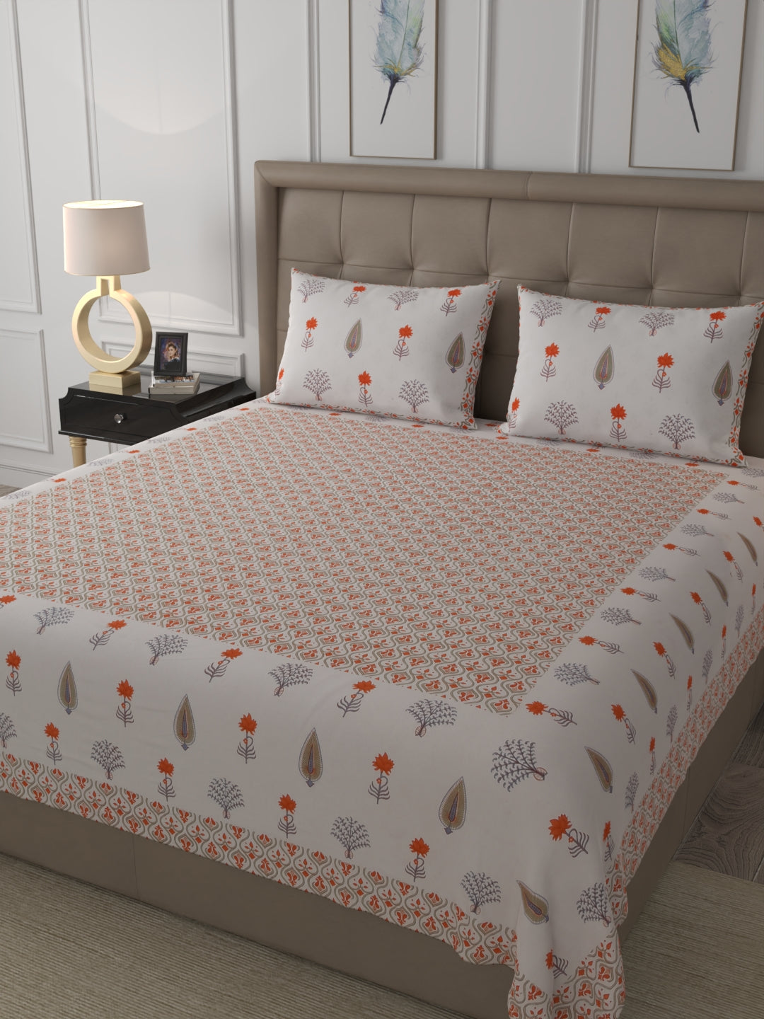 400 TC Exquisite Interiors Jaipuri Hand Block Print Super King Size Double Bedsheet Made up of 100% Cotton fabric with two pillow covers._39