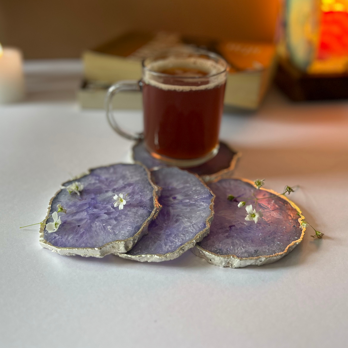 Crystal Agate Stone Silver Plated Coaster Set of 4 Table Coaster for Bar Beer Coffee Tea Drinking Coasters for Dining Table Hot Pots- Purple