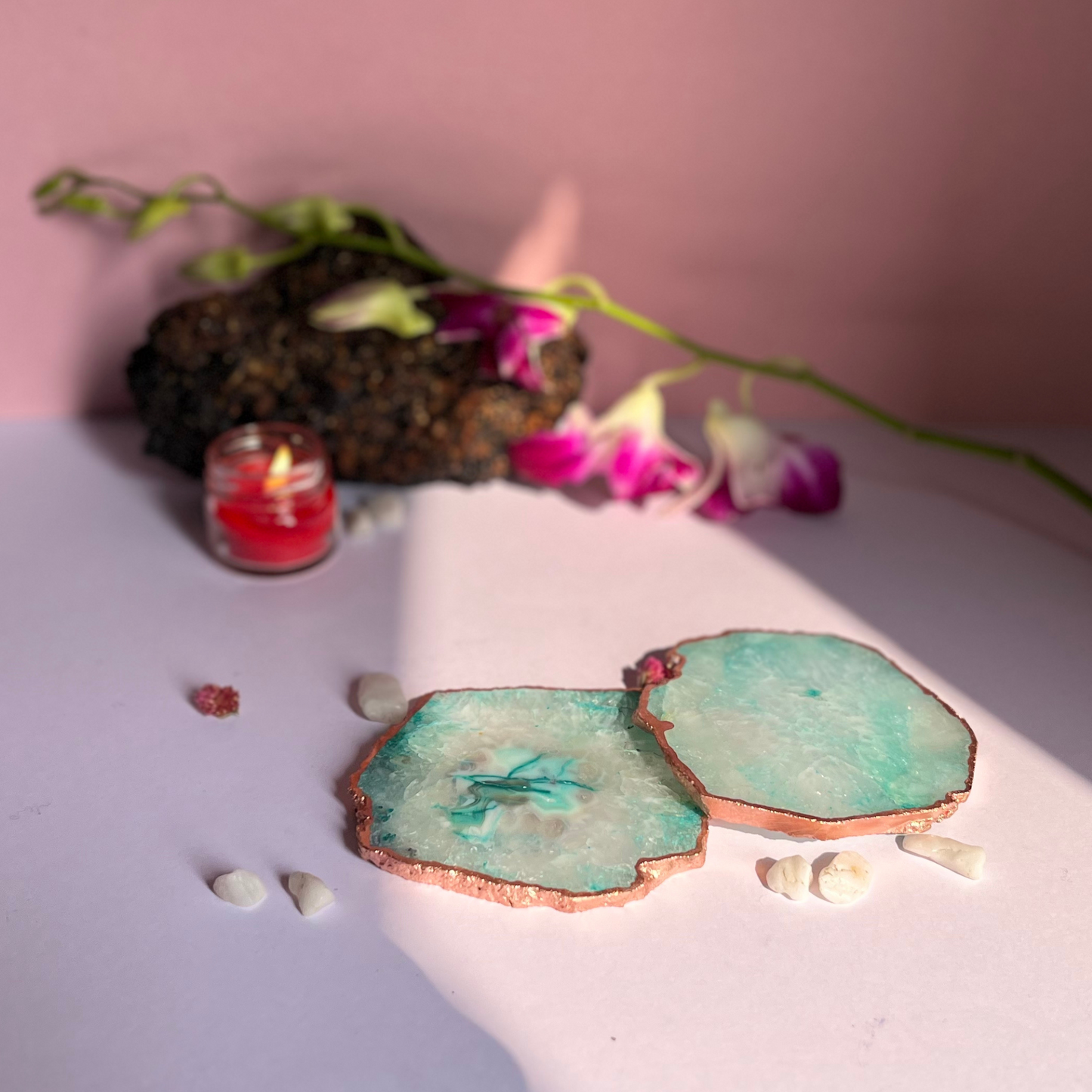 Crystal Agate Stone Rose Gold Plated Coaster Set of 2 Table Coaster for Bar Beer Coffee Tea Drinking Coasters for Dining Table Hot Pots- Green