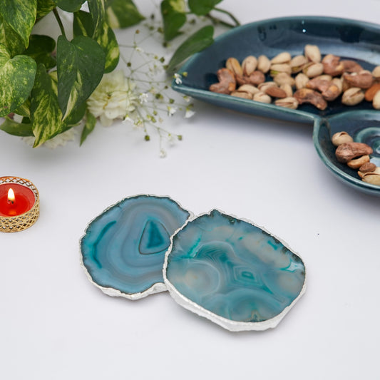 Brazilian Agate Stone Silver Plated Coaster Beautiful Coaster Fit for Tea Cups Coffee Mugs and Glasses Perfect Table Accessories Tableware Set of 2- Green