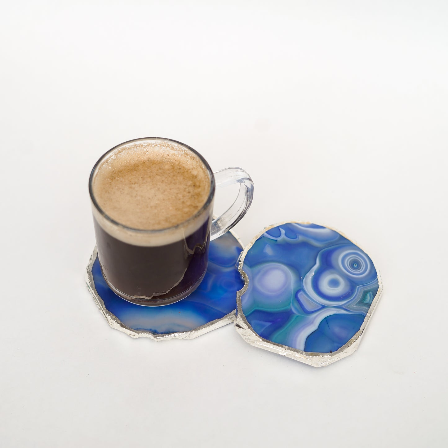 Brazilian Agate Stone Silver Plated Coaster Beautiful Coaster Fit for Tea Cups Coffee Mugs and Glasses Perfect Table Accessories Tableware Set of 2- Blue