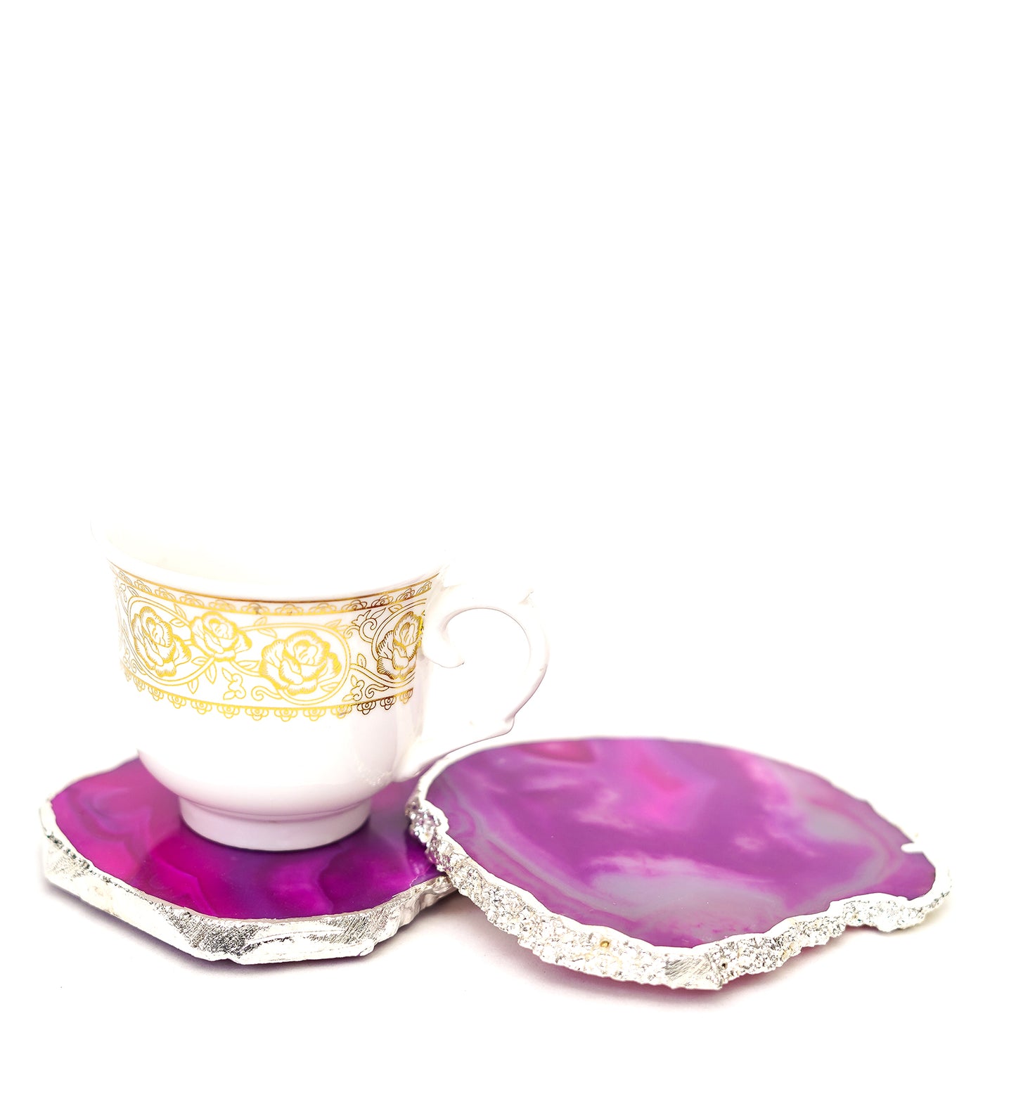 Brazilian Agate Stone Silver Plated Coaster Beautiful Coaster Fit for Tea Cups Coffee Mugs and Glasses Perfect Table Accessories Tableware Set of 2- Pink