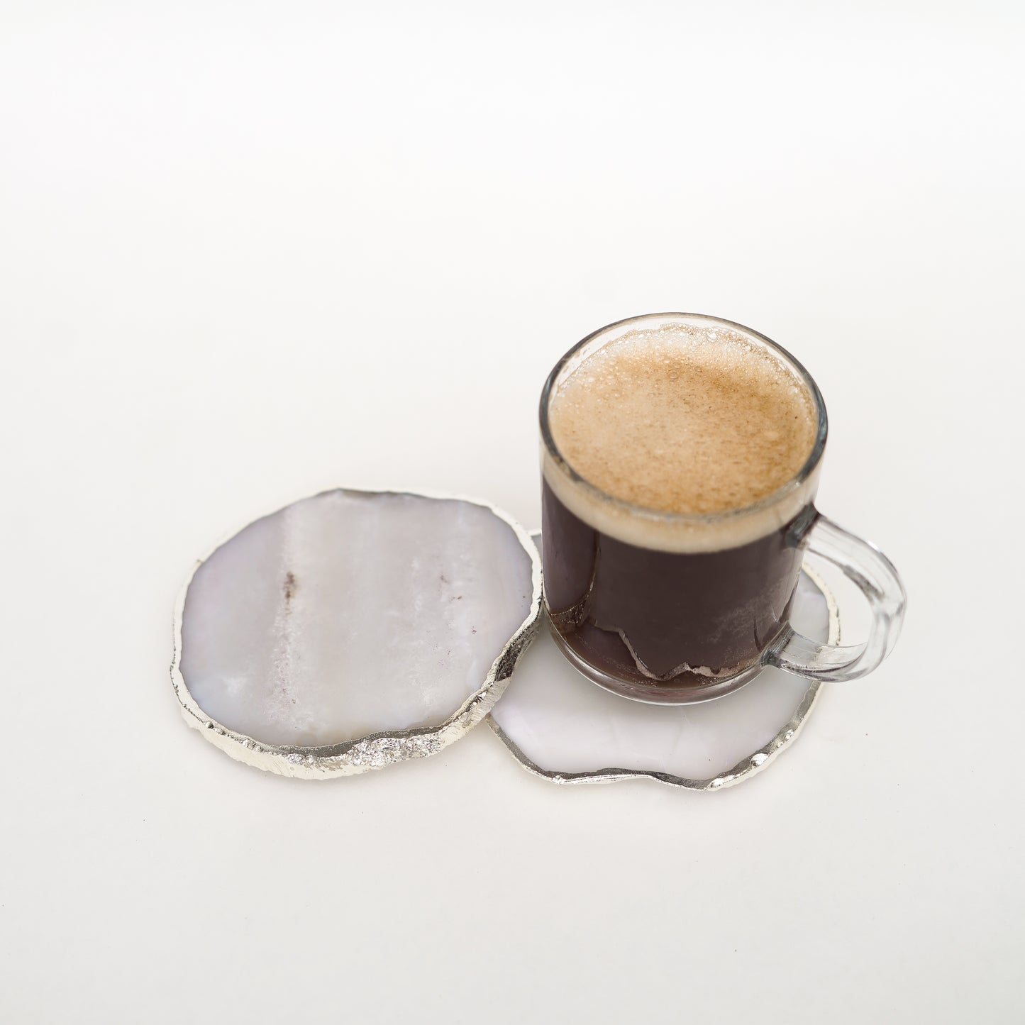 Brazilian Agate Stone Silver Plated Coaster Beautiful Coaster Fit for Tea Cups Coffee Mugs and Glasses Perfect Table Accessories Tableware Set of 2- Natural White