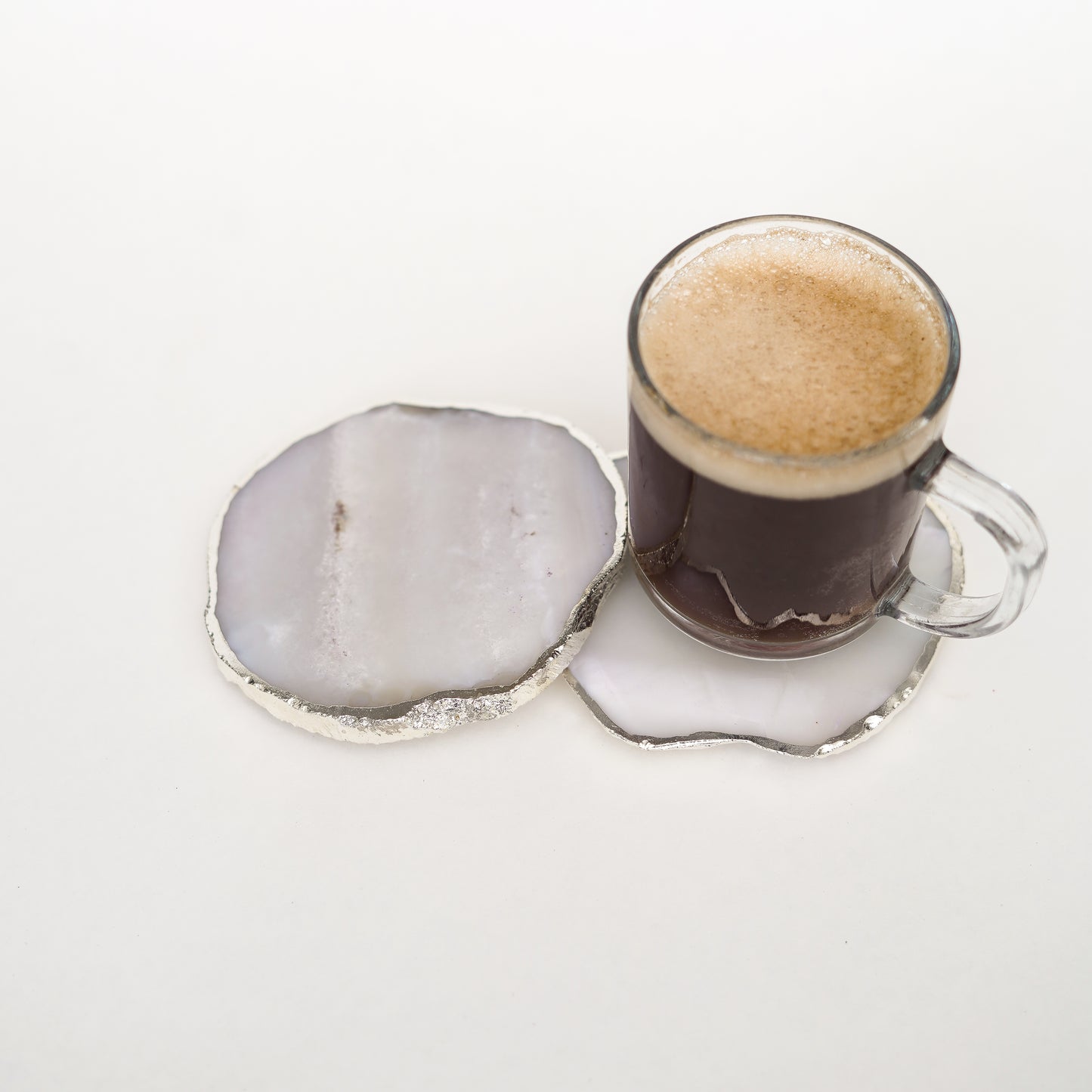 Brazilian Agate Stone Silver Plated Coaster Beautiful Coaster Fit for Tea Cups Coffee Mugs and Glasses Perfect Table Accessories Tableware Set of 2- Natural White