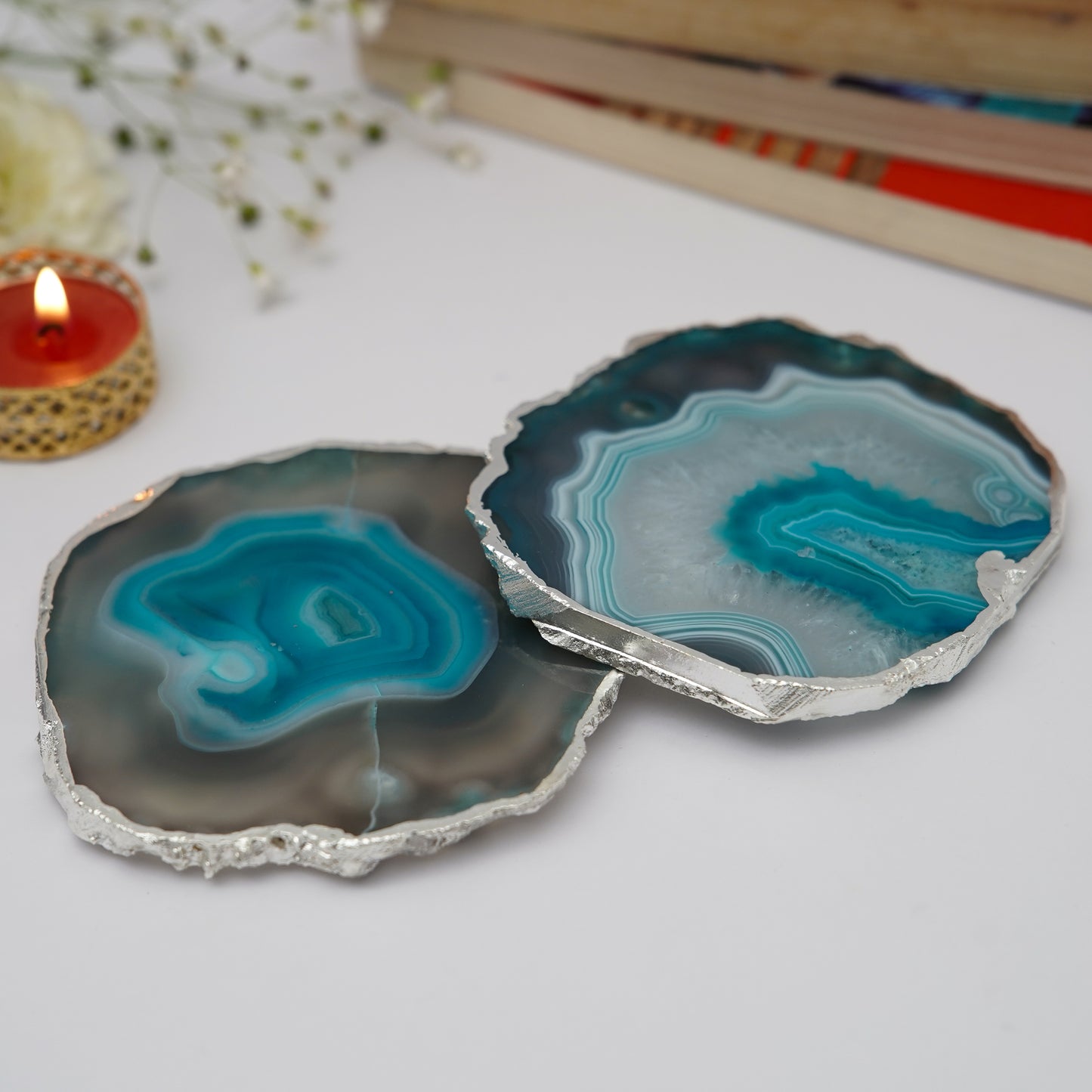 Brazilian Agate Stone Silver Plated Coaster Beautiful Coaster Fit for Tea Cups Coffee Mugs and Glasses Perfect Table Accessories Tableware Set of 2- Turquoise