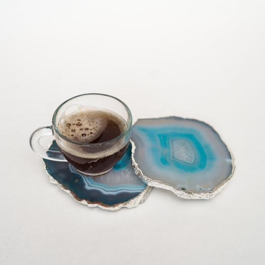 Brazilian Agate Stone Silver Plated Coaster Beautiful Coaster Fit for Tea Cups Coffee Mugs and Glasses Perfect Table Accessories Tableware Set of 2- Turquoise