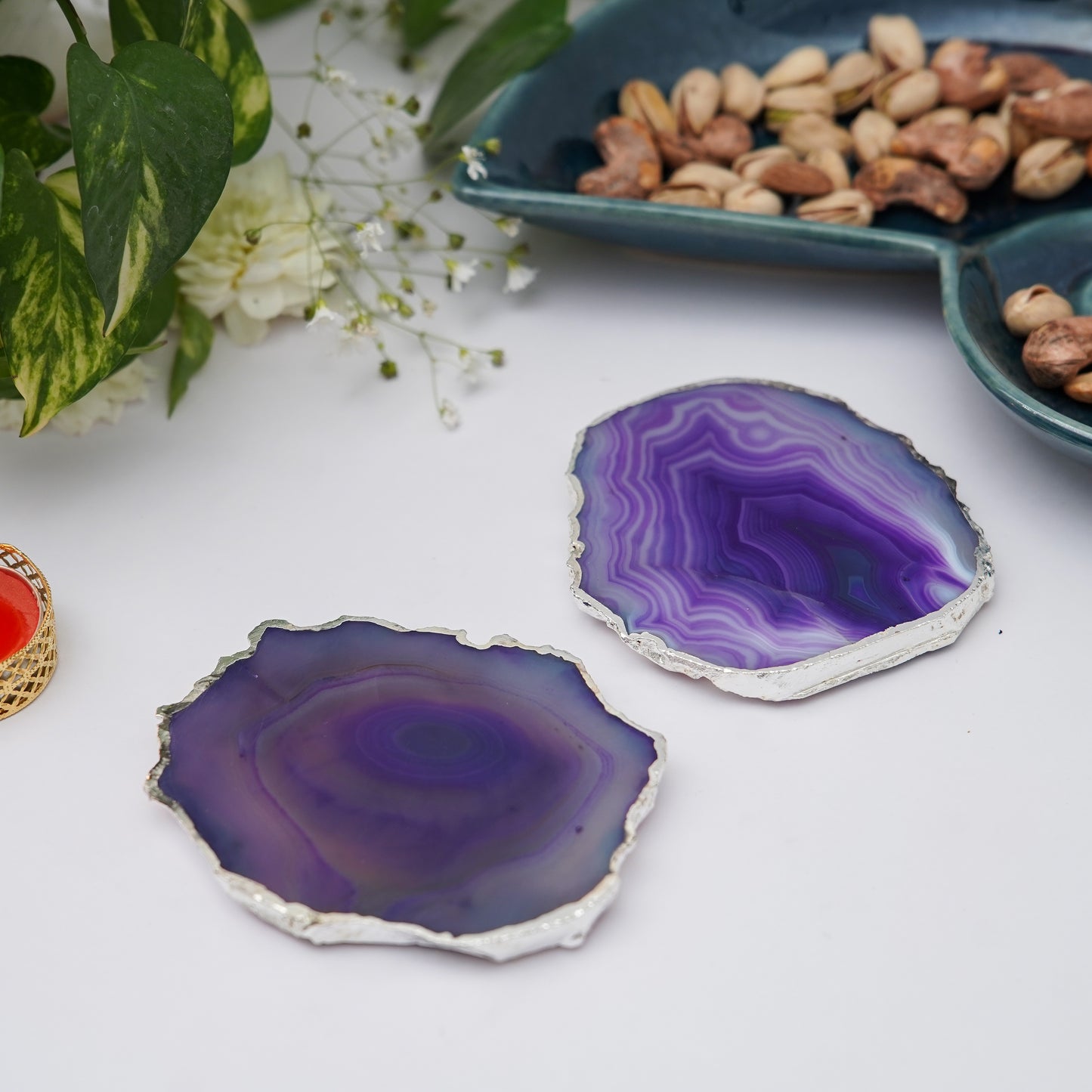 Brazilian Agate Stone Silver Plated Coaster Beautiful Coaster Fit for Tea Cups Coffee Mugs and Glasses Perfect Table Accessories Tableware Set of 2- Purple