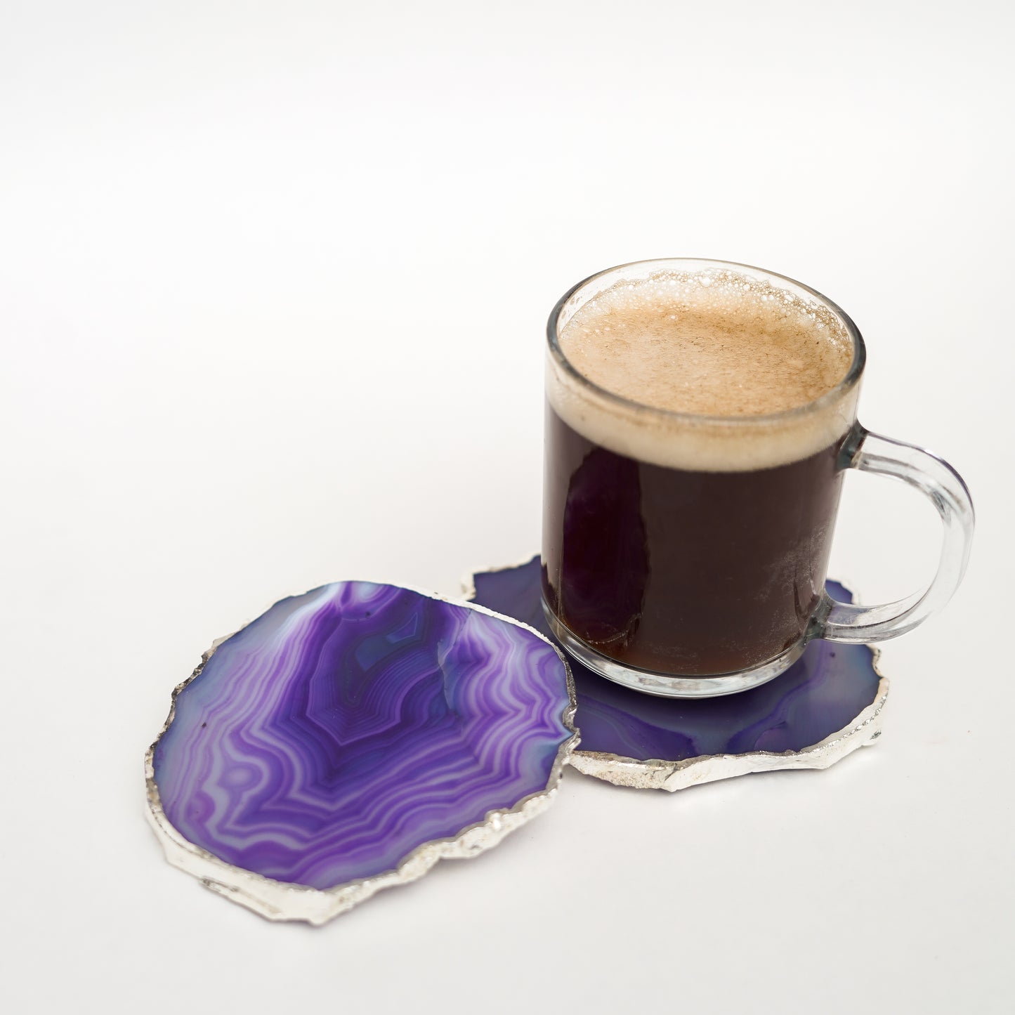 Brazilian Agate Stone Silver Plated Coaster Beautiful Coaster Fit for Tea Cups Coffee Mugs and Glasses Perfect Table Accessories Tableware Set of 2- Purple