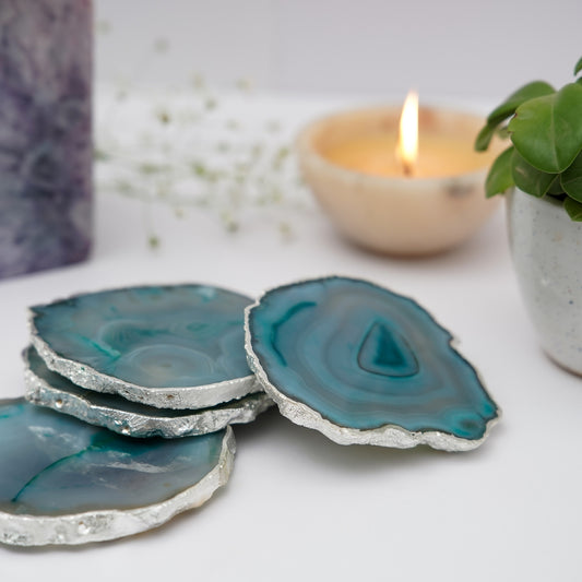 Brazilian Agate Stone Silver Plated Coaster Beautiful Coaster Fit for Tea Cups Coffee Mugs and Glasses Perfect Table Accessories Tableware Set of 4- Green
