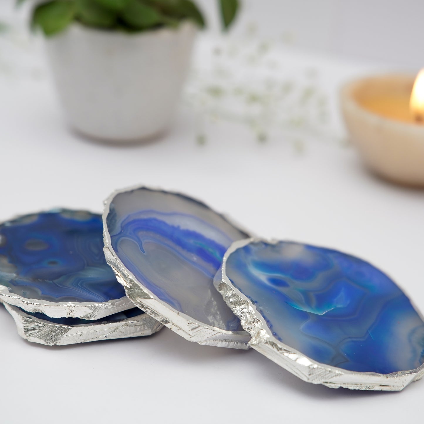 Brazilian Agate Stone Silver Plated Coaster Beautiful Coaster Fit for Tea Cups Coffee Mugs and Glasses Perfect Table Accessories Tableware Set of 4- Blue