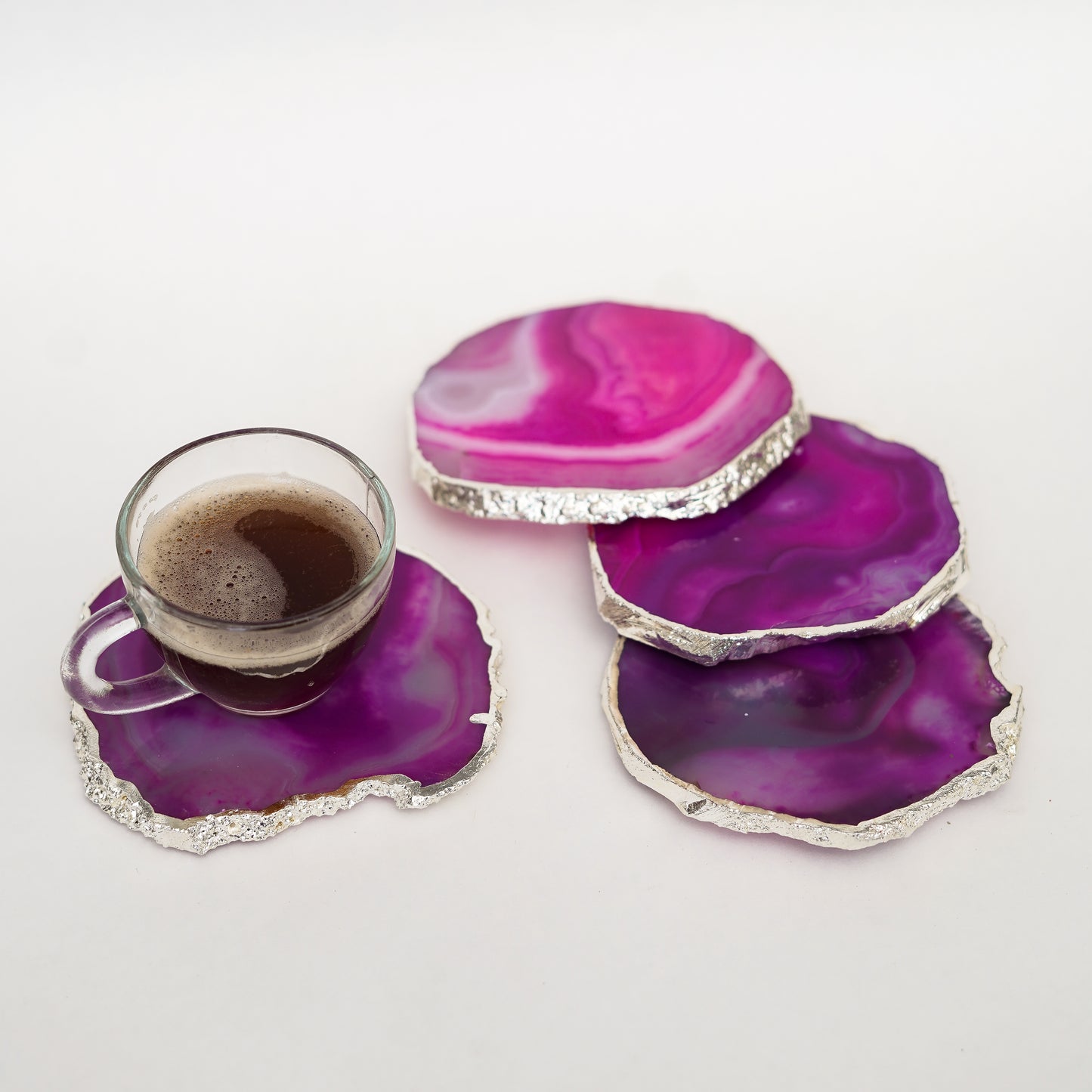 Brazilian Agate Stone Silver Plated Coaster Beautiful Coaster Fit for Tea Cups Coffee Mugs and Glasses Perfect Table Accessories Tableware Set of 4- Pink