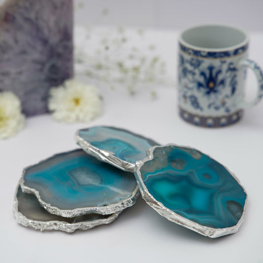 Brazilian Agate Stone Silver Plated Coaster Beautiful Coaster Fit for Tea Cups Coffee Mugs and Glasses Perfect Table Accessories Tableware Set of 4- Turquoise