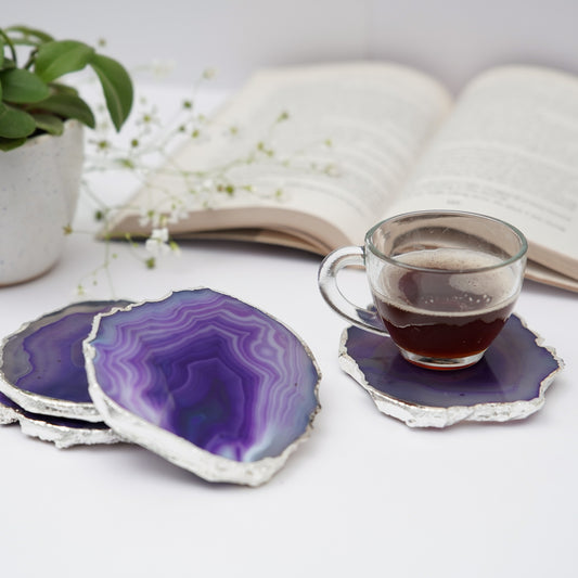 Brazilian Agate Stone Silver Plated Coaster Beautiful Coaster Fit for Tea Cups Coffee Mugs and Glasses Perfect Table Accessories Tableware Set of 4- Purple