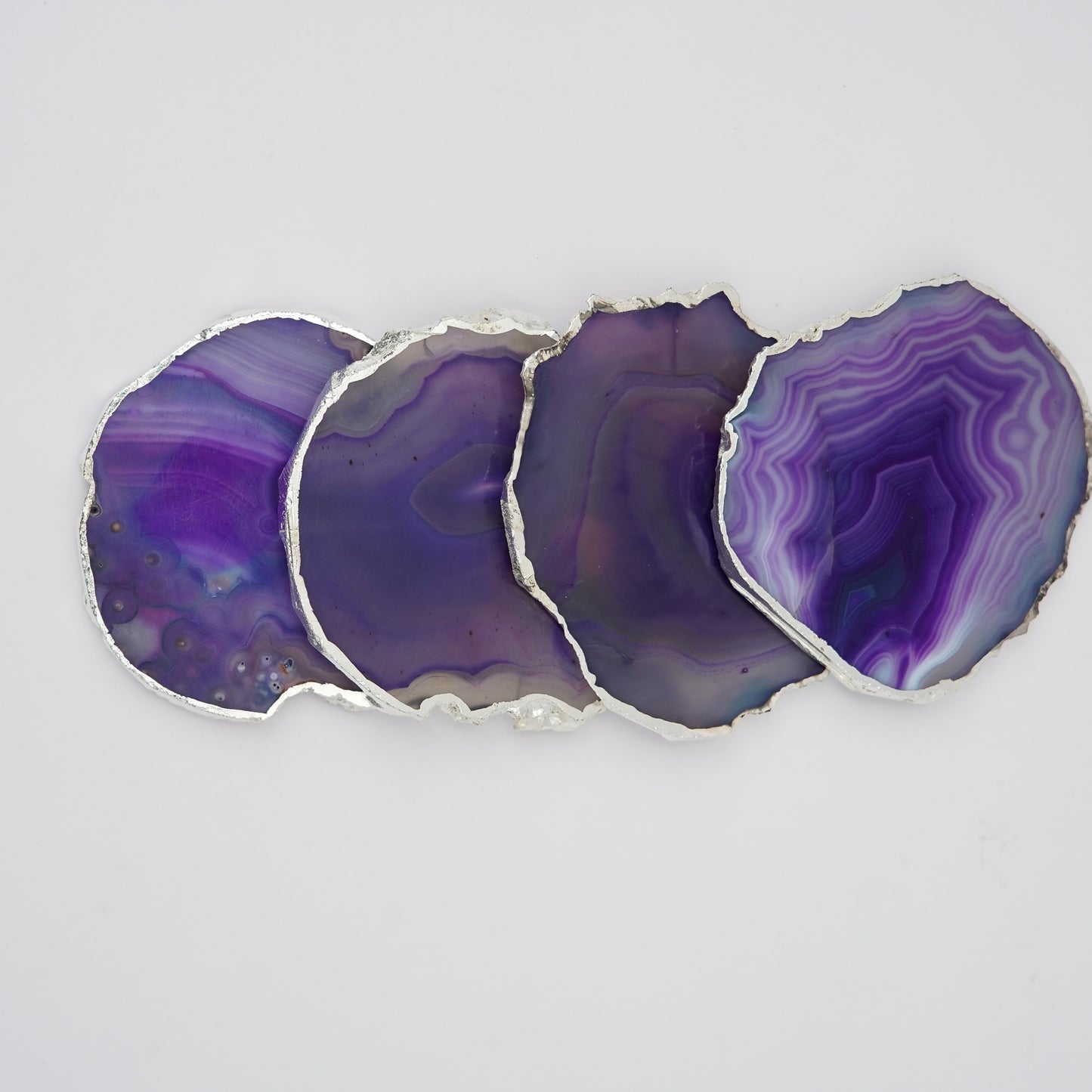 Brazilian Agate Stone Silver Plated Coaster Beautiful Coaster Fit for Tea Cups Coffee Mugs and Glasses Perfect Table Accessories Tableware Set of 4- Purple