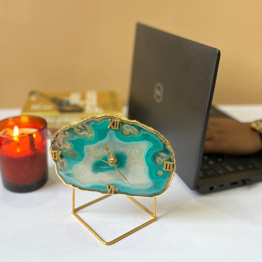 Brazilian Agate Desktop Clock with Metal Stand Perfect Table Clock for Home Office Ideal Table decor for Housewarming and Christmas Gifts- Green
