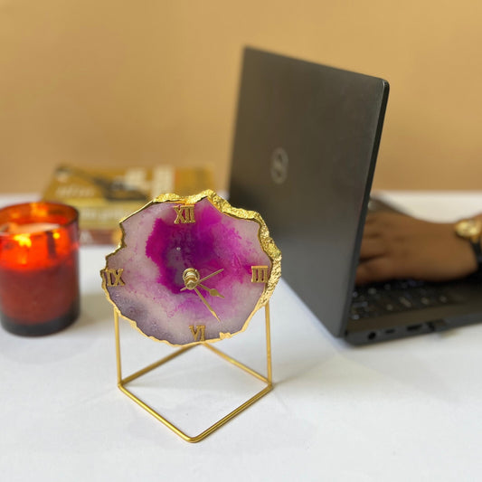 Brazilian Agate Desktop Clock with Metal Stand for Home Office and Gifting Perfect Housewarming and Birthday Ideal for Home Decor and Table Accent- Pink