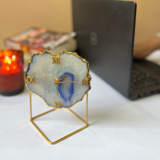 Brazilian Agate Desktop Clock with Metal Stand Table Clock for Anniversary Table Decor Housewarming Gift Ideal for Home Office and Gifting - Blue