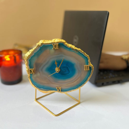 Brazilian Agate Large Desktop Clock with Metal Stand Table Clock for Living Room Decor Ideal for Home Decor Accent Piece for Gifting - Turquoise
