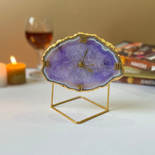 Agate Stone Desktop Clock with Metal Stand Table Clock for Office or Study Table Home Decor Items Unique Gift for Wedding and Anniversary - Purple
