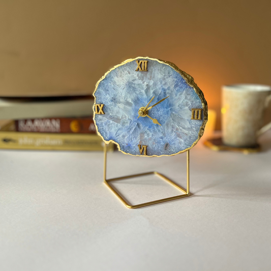 Agate Stone Desktop Clock Antique Table Clock for Home Decor and Office StudyTable Shelf Clocks Vastu Items for Home for Good Luck Crystal - Blue