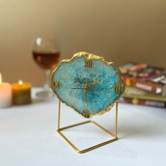 Agate Stone Desktop Clock Antique Table Clock for Home Decor and Office StudyTable Shelf Clocks Vastu Items for Home for Good Luck Crystal - Turquoise