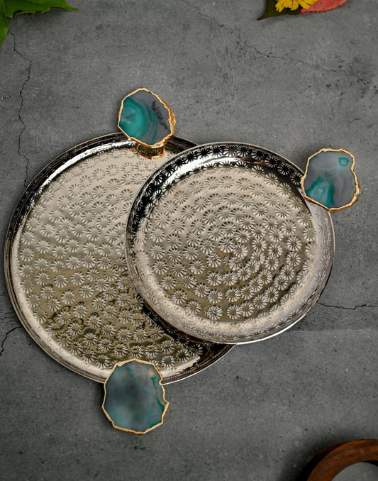 Round Aluminum Tray with Agate Decorative Metal Platter Set of 2 for Serving Cakes Pastries Snacks Breakfast Coffee Party and Dining Table- Green